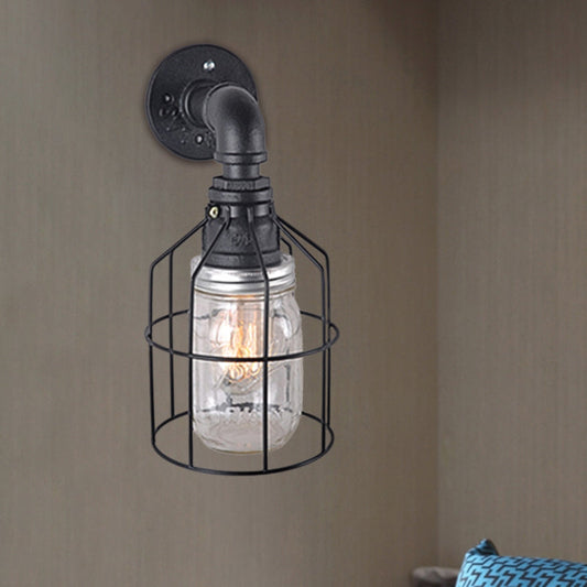 Rynx | Blue/Clear Glass Shade Wall Lamp with Wire Cage Industrial Style Glass 1 Bulb Restaurant Wall Light