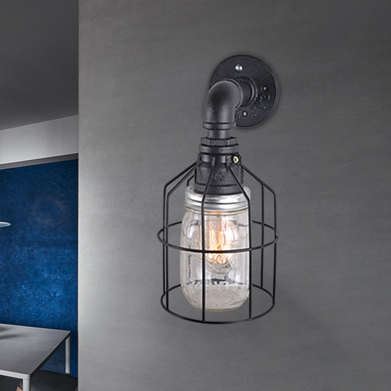 Rynx | Blue/Clear Glass Shade Wall Lamp with Wire Cage Industrial Style Glass 1 Bulb Restaurant Wall Light