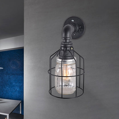 Rynx | Blue/Clear Glass Shade Wall Lamp with Wire Cage Industrial Style Glass 1 Bulb Restaurant Wall Light