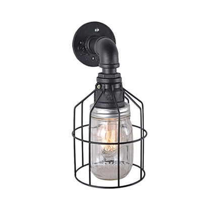Rynx | Blue/Clear Glass Shade Wall Lamp with Wire Cage Industrial Style Glass 1 Bulb Restaurant Wall Light