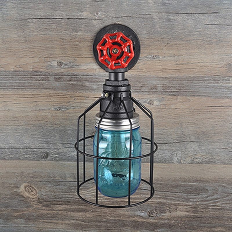 Rynx | Vintage Caged Wall Lamp with Inner Pot Shade and Red Flap 1 Light Glass Wall Lighting in Blue/Transparent