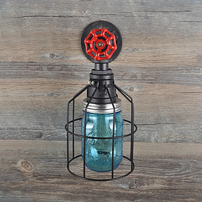Rynx | Vintage Caged Wall Lamp with Inner Pot Shade and Red Flap 1 Light Glass Wall Lighting in Blue/Transparent