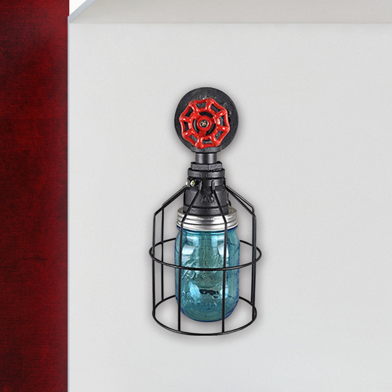 Rynx | Vintage Caged Wall Lamp with Inner Pot Shade and Red Flap 1 Light Glass Wall Lighting in Blue/Transparent