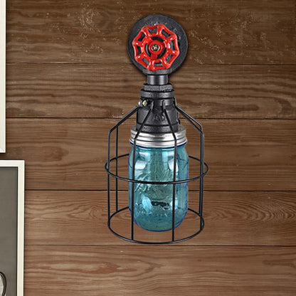 Rynx | Vintage Caged Wall Lamp with Inner Pot Shade and Red Flap 1 Light Glass Wall Lighting in Blue/Transparent