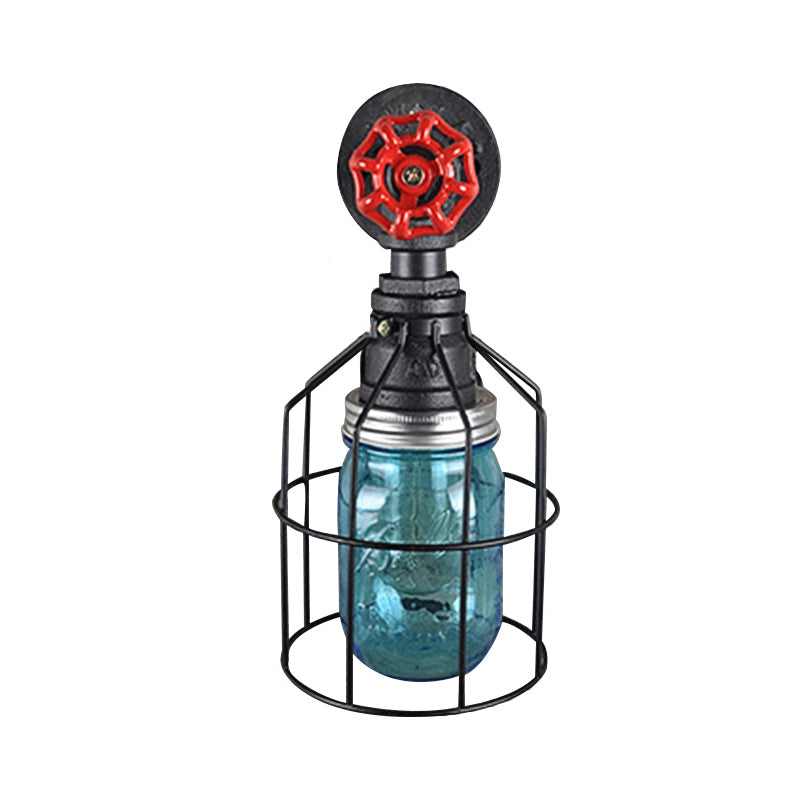 Rynx | Vintage Caged Wall Lamp with Inner Pot Shade and Red Flap 1 Light Glass Wall Lighting in Blue/Transparent