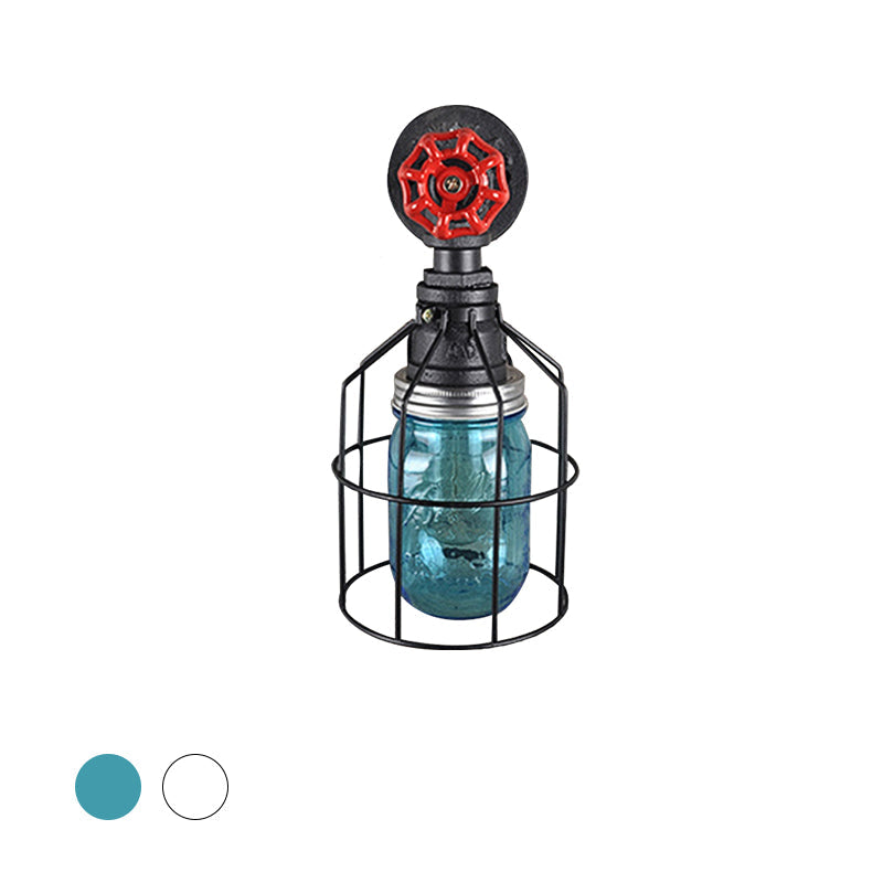 Rynx | Vintage Caged Wall Lamp with Inner Pot Shade and Red Flap 1 Light Glass Wall Lighting in Blue/Transparent