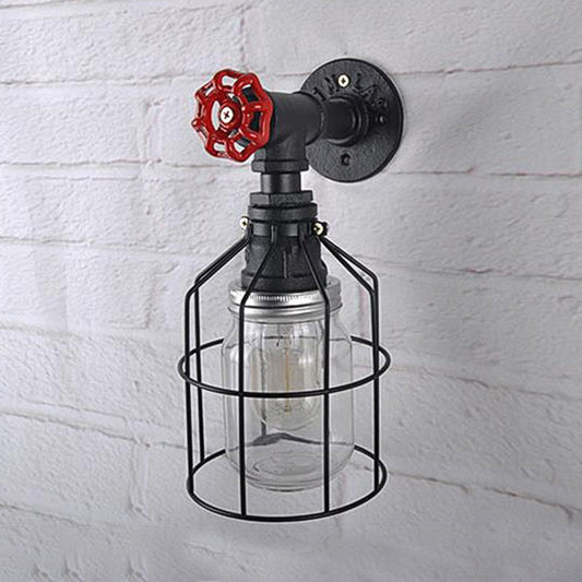 Rynx | Vintage Caged Wall Lamp with Inner Pot Shade and Red Flap 1 Light Glass Wall Lighting in Blue/Transparent