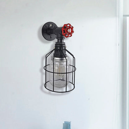Rynx | Vintage Caged Wall Lamp with Inner Pot Shade and Red Flap 1 Light Glass Wall Lighting in Blue/Transparent