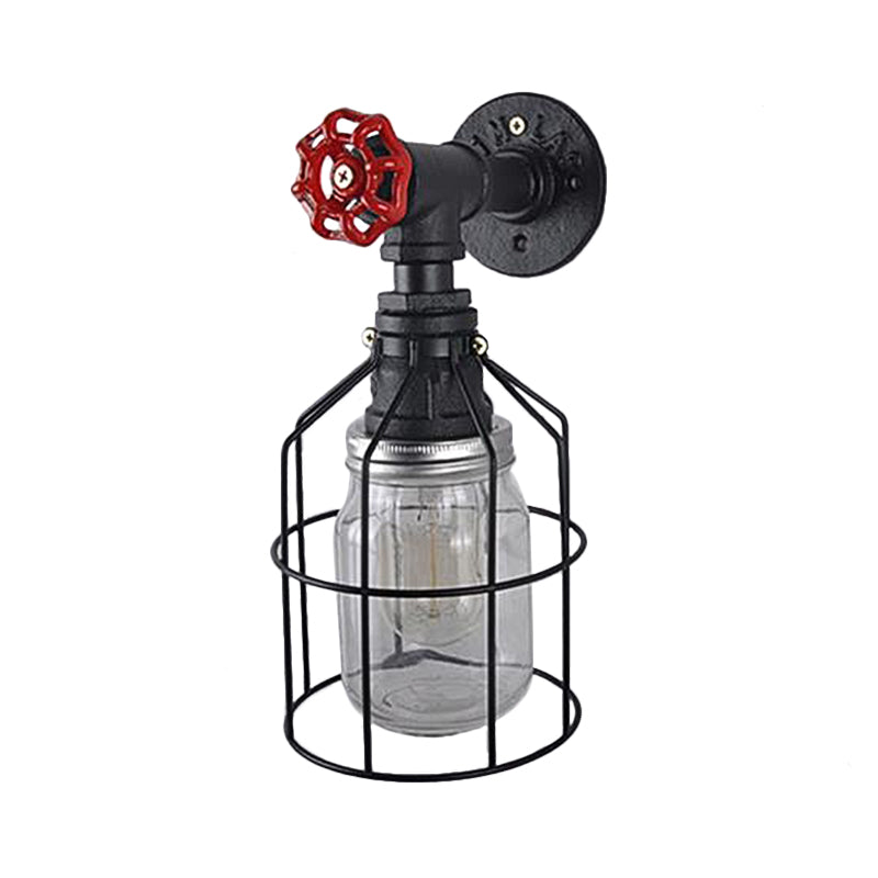 Rynx | Vintage Caged Wall Lamp with Inner Pot Shade and Red Flap 1 Light Glass Wall Lighting in Blue/Transparent