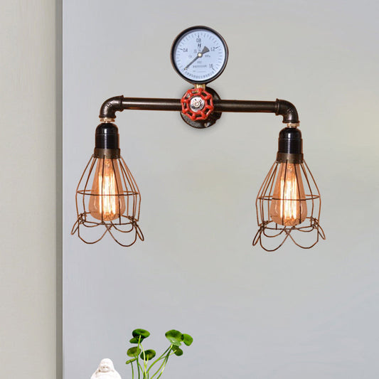 Rynx | 2 Light Bulbs Wire Frame Wall Mount Light with Pressure Gauge Deco Antique Style Black Metal Wall Lighting