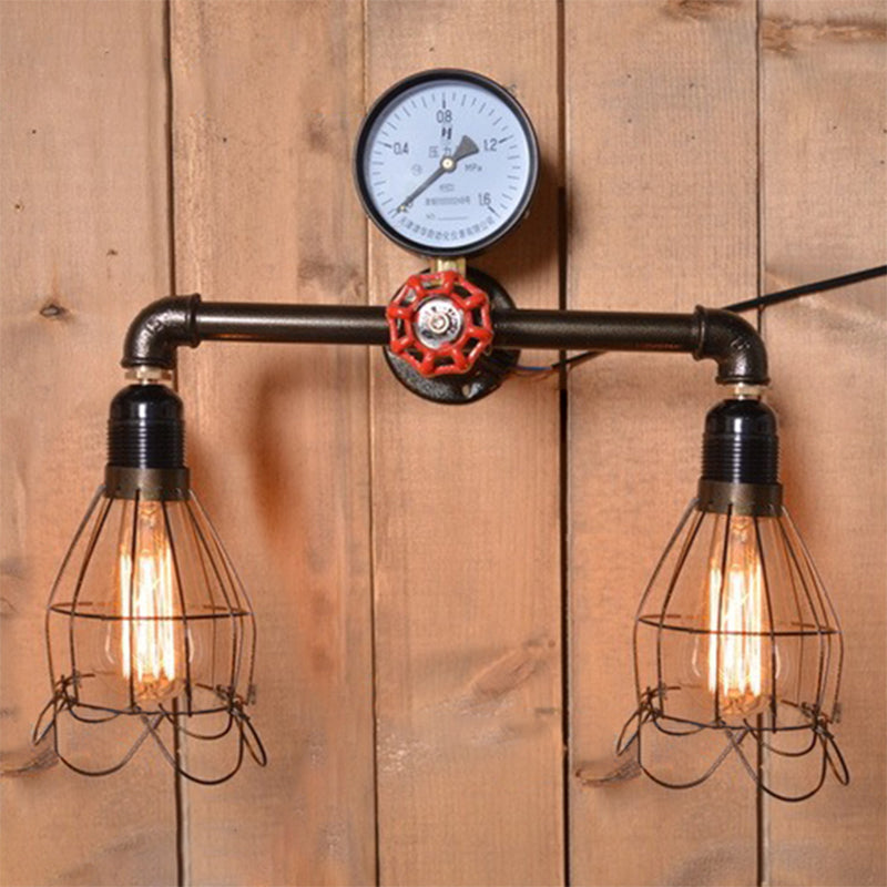 Rynx | 2 Light Bulbs Wire Frame Wall Mount Light with Pressure Gauge Deco Antique Style Black Metal Wall Lighting