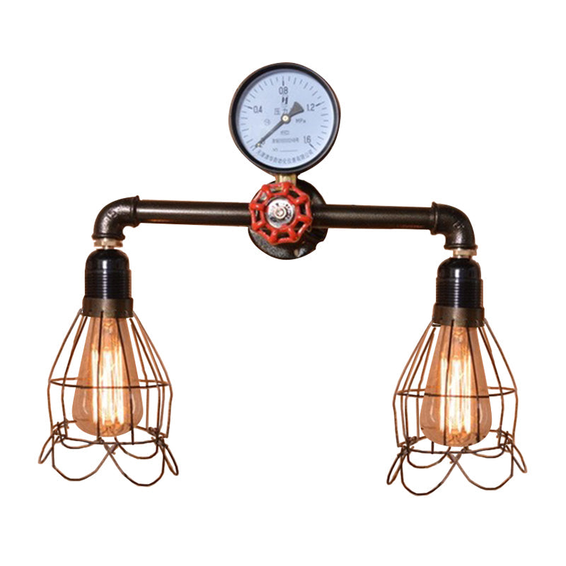 Rynx | 2 Light Bulbs Wire Frame Wall Mount Light with Pressure Gauge Deco Antique Style Black Metal Wall Lighting