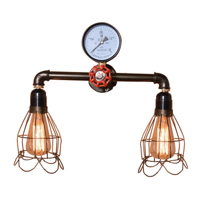 Rynx | 2 Light Bulbs Wire Frame Wall Mount Light with Pressure Gauge Deco Antique Style Black Metal Wall Lighting