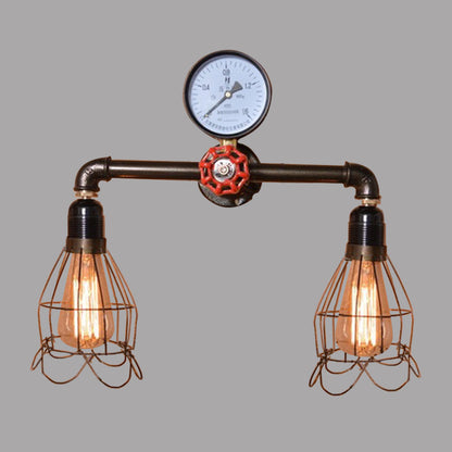 Rynx | 2 Light Bulbs Wire Frame Wall Mount Light with Pressure Gauge Deco Antique Style Black Metal Wall Lighting