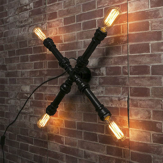 Rynx | 4 bulbs X-shaped wall lighting with water pipe industrial black finish wrought iron wall lamp