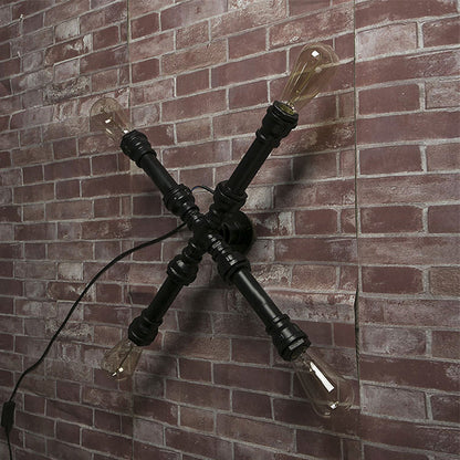 Rynx | 4 bulbs X-shaped wall lighting with water pipe industrial black finish wrought iron wall lamp