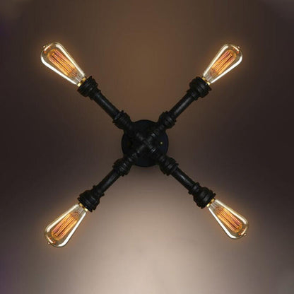 Rynx | 4 bulbs X-shaped wall lighting with water pipe industrial black finish wrought iron wall lamp