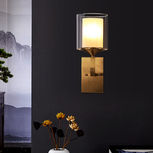 Rynx | 1-light wall lamp fitting colonial style 2-layer cylindrical clear and opal glass wall lighting in brass