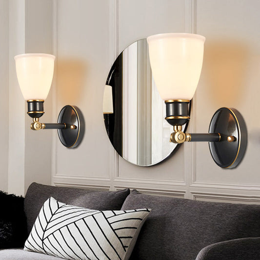 Rynx | Tapered White Glass Wall Light Fixture Rustic 1 Light Bedroom Wall Mount Light in Brass