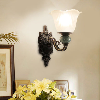 Rynx | Aged Old Bedroom Wall Lighting Classic Style Tempered Glass 1 Head Black Finish Wall Lamp