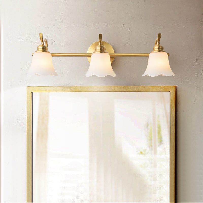 Rynx | 2/3 Lamps Vanity Wall Light Traditional Bathroom Wall Sconces Lamp with Flower Cream Glass Shade in Brass