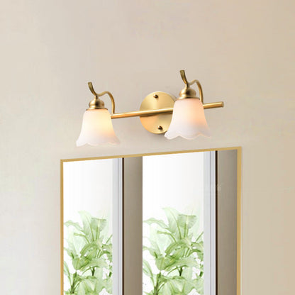 Rynx | 2/3 Lamps Vanity Wall Light Traditional Bathroom Wall Sconces Lamp with Flower Cream Glass Shade in Brass
