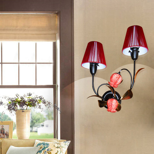 Rynx | Red Cone Wall Lamp Korean Flower Pleated Fabric 4-Head Lounge Wall Light with Flower Bud Shade