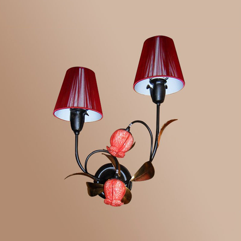 Rynx | Red Cone Wall Lamp Korean Flower Pleated Fabric 4-Head Lounge Wall Light with Flower Bud Shade
