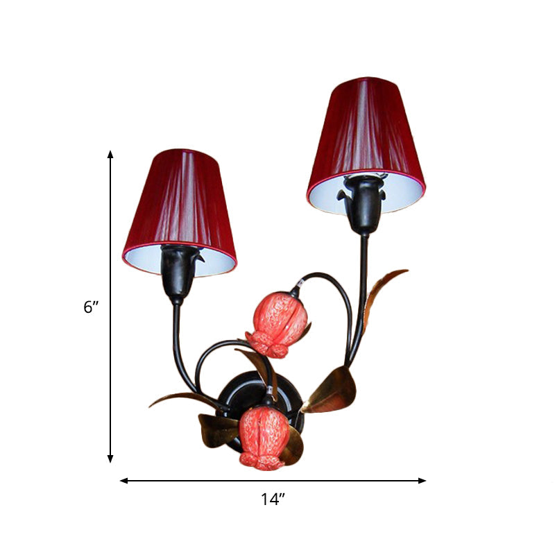 Rynx | Red Cone Wall Lamp Korean Flower Pleated Fabric 4-Head Lounge Wall Light with Flower Bud Shade