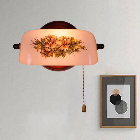 Rynx | 1 head flower pattern shaded wall lamp American garden white glass wall light with pull chain
