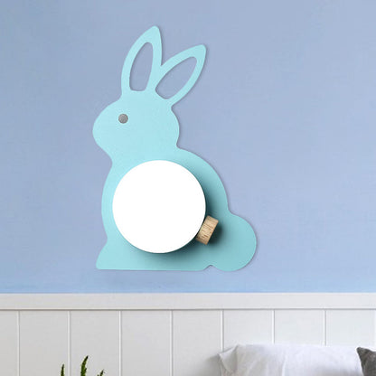 Rynx | Rabbit Flush Mount Wall Lamp Cartoon Iron 1 Lamp Pink/Blue Wall Mount Light with Ball Lampshade