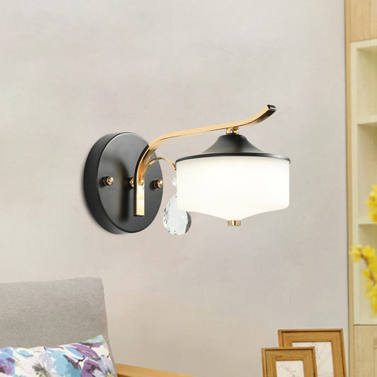 Rynx | Drum Indoor Wall Lamp Opal Glass 1 Light Postmodern LED Wall Lighting in Black and Gold with Crystal Drops