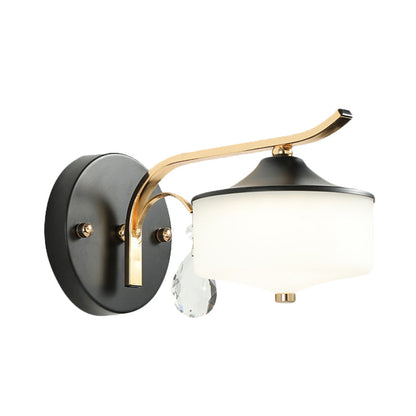 Rynx | Drum Indoor Wall Lamp Opal Glass 1 Light Postmodern LED Wall Lighting in Black and Gold with Crystal Drops