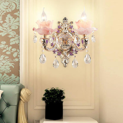 Rynx | Ruffle Purple Glass Wall Lamp Country 1/2-Light Living Room Wall Lighting with K9 Crystal Drop