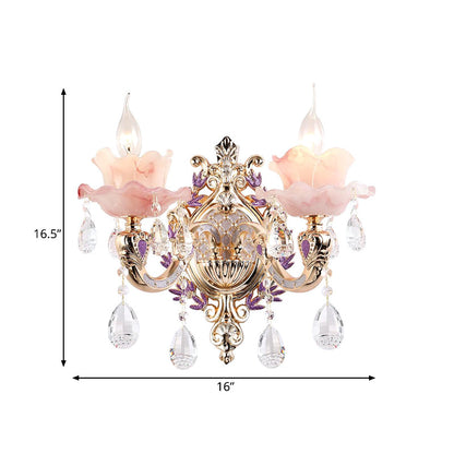 Rynx | Ruffle Purple Glass Wall Lamp Country 1/2-Light Living Room Wall Lighting with K9 Crystal Drop