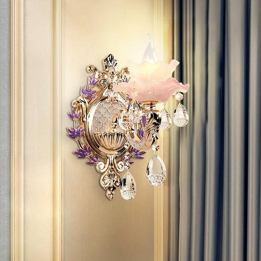 Rynx | Ruffle Purple Glass Wall Lamp Country 1/2-Light Living Room Wall Lighting with K9 Crystal Drop