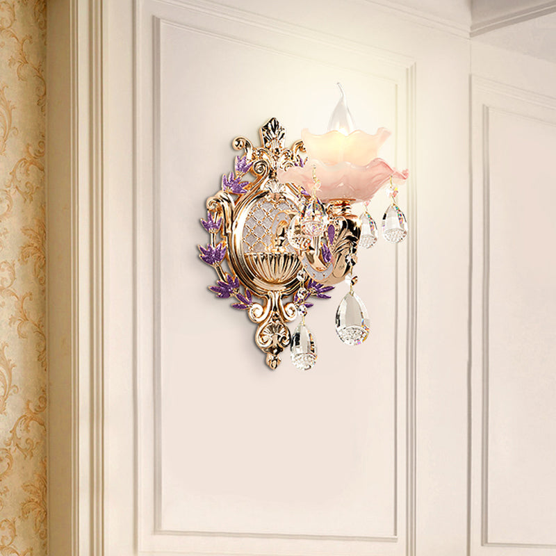Rynx | Ruffle Purple Glass Wall Lamp Country 1/2-Light Living Room Wall Lighting with K9 Crystal Drop