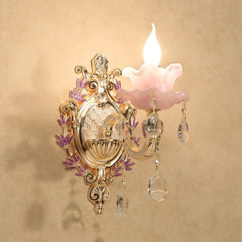 Rynx | Ruffle Purple Glass Wall Lamp Country 1/2-Light Living Room Wall Lighting with K9 Crystal Drop