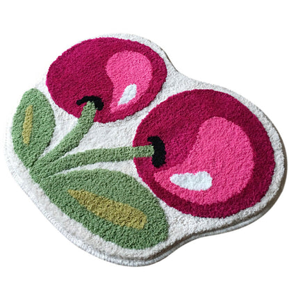 Rynx | Cute cherry bath mat, red fruit bathroom rug, soft plush water-absorbent mat, non-slip toilet mat in multiple sizes, soft thick bathroom rug, art bathroom mats, best bath rugs, tufted art rug for bathroom toilet bathtub