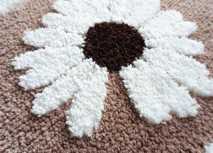 Rynx | Half-circle Daisy Bath Mat, White Flower Bath Rug, Natural Bathroom Decor, Soft Water-absorbing Mat for Bath Shower, Blue Brown