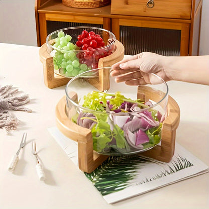 Rynx | Faridabio - Bamboo & Glass Fruit Bowl Set with Wooden Stand