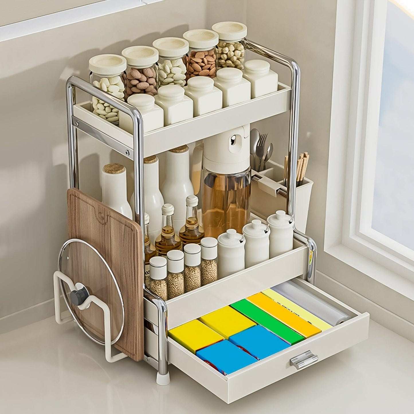 Rynx | Elegant milk-white stainless steel spice organizer with drawers, cutting board, and utensil holder for residential and commercial kitchens