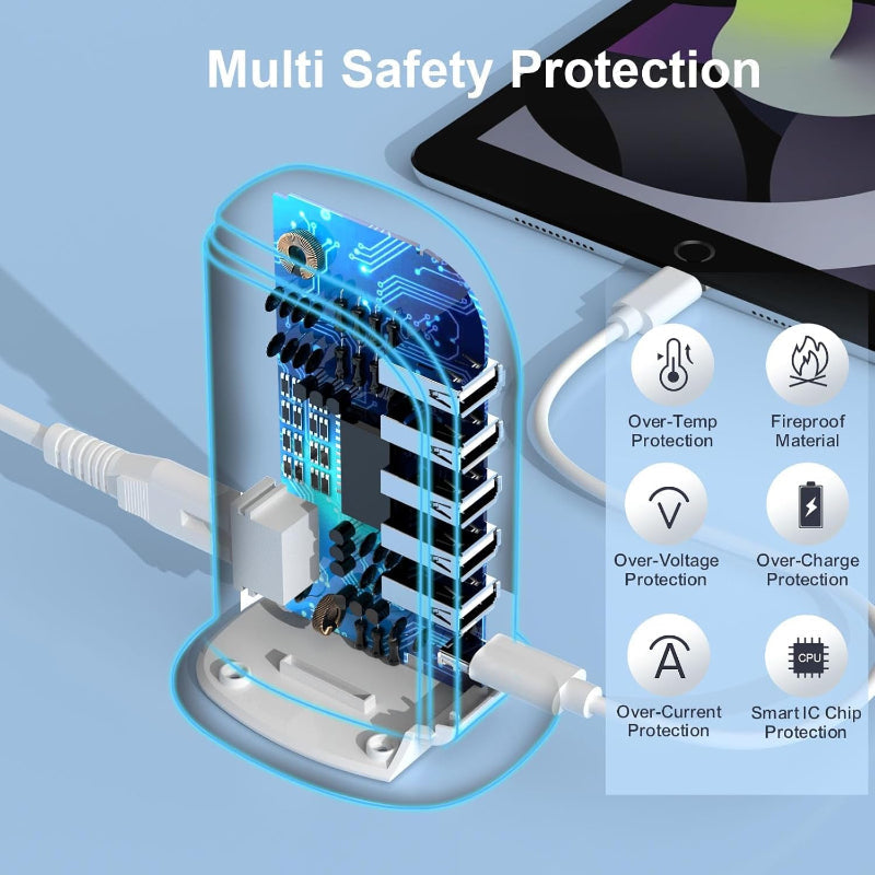Rynx | Charging station for multiple devices, 5 USB + 1 Type-C fast charger for home and office