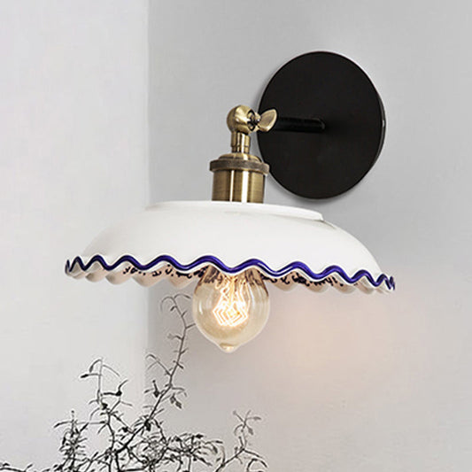 Rynx | 1 Light Wall Mount Lighting Vintage Restaurant Wall Lamp Fixture with Wave/Scalloped Bowl/Ceramic Shade in White
