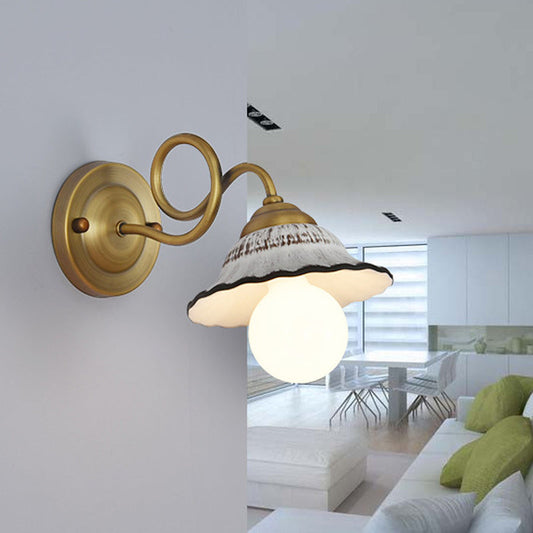 Rynx | Antiqued Scalloped Saucer Wall Lamp Ideas 1 Head Ceramic Wall Mount Fixture with Twisted Brass Arm