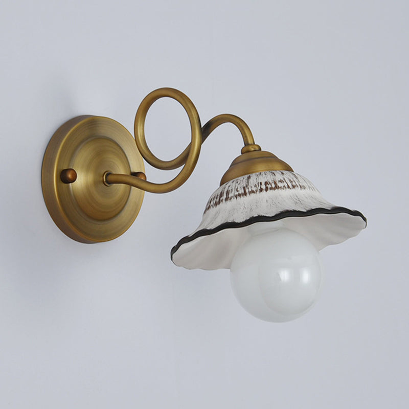 Rynx | Antiqued Scalloped Saucer Wall Lamp Ideas 1 Head Ceramic Wall Mount Fixture with Twisted Brass Arm