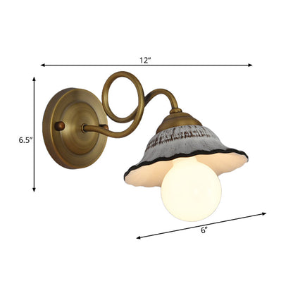 Rynx | Antiqued Scalloped Saucer Wall Lamp Ideas 1 Head Ceramic Wall Mount Fixture with Twisted Brass Arm