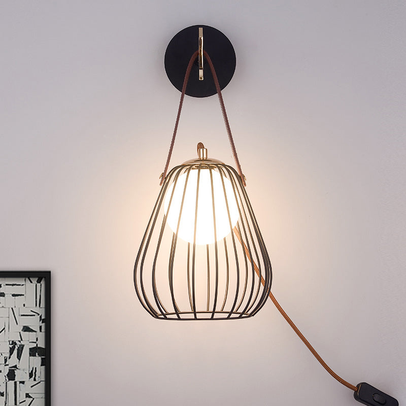 Rynx | Pear cage iron wall sconce minimalist 1-head black surface LED wall lighting ideas with leather handle