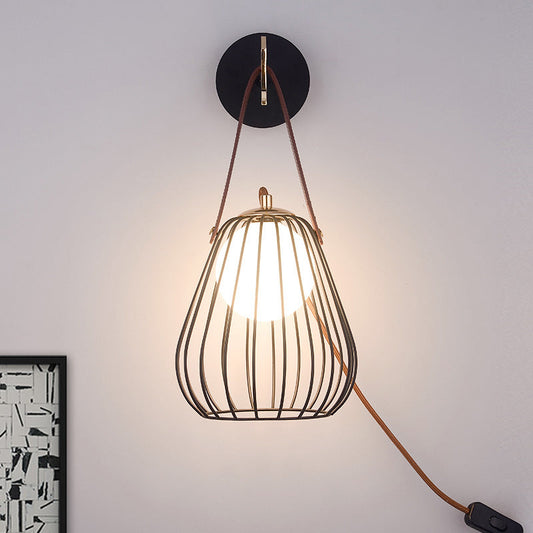 Rynx | Pear cage iron wall sconce minimalist 1-head black surface LED wall lighting ideas with leather handle