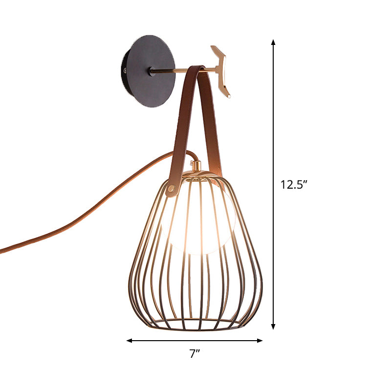 Rynx | Pear cage iron wall sconce minimalist 1-head black surface LED wall lighting ideas with leather handle